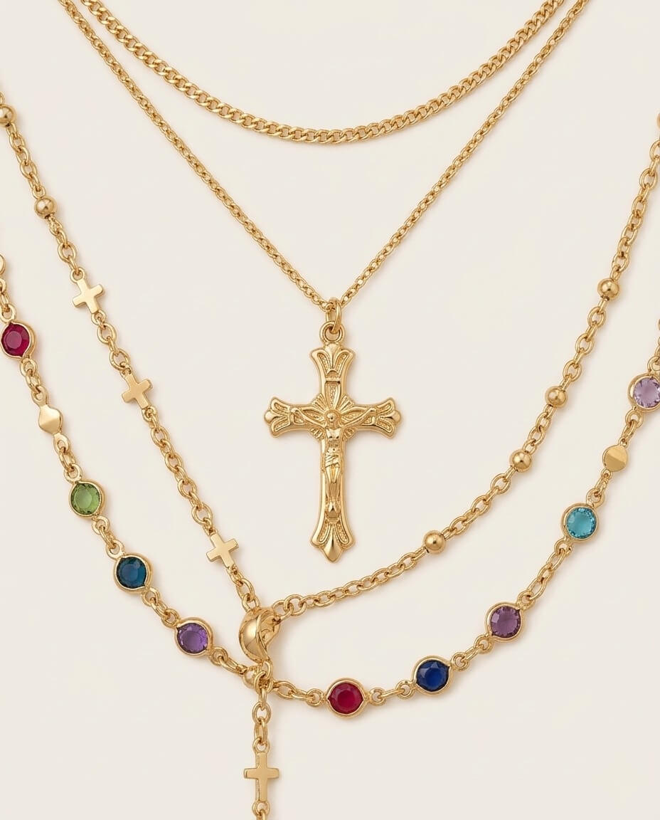 Crystal cross pendant gold necklace for women dainty layering jewelry